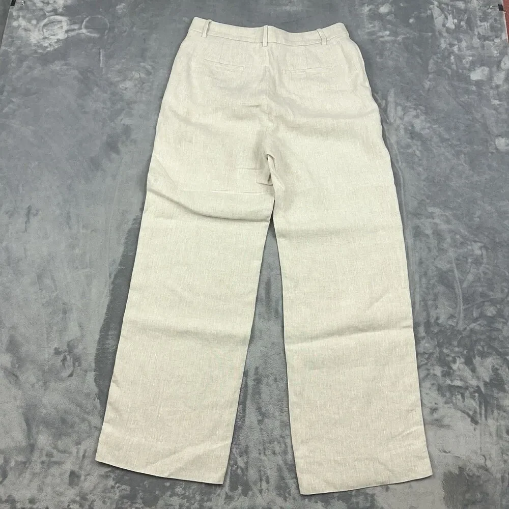 Banana Republic Linen Wide Leg Pants Womens Sz 4 Oatmeal Beige Pleated Trouser